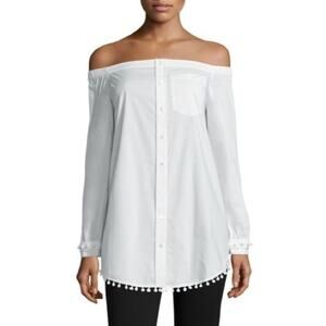 10 Crosby Derek Lam Off The Shoulder Pom Pom Button Front Shirt White Size 0